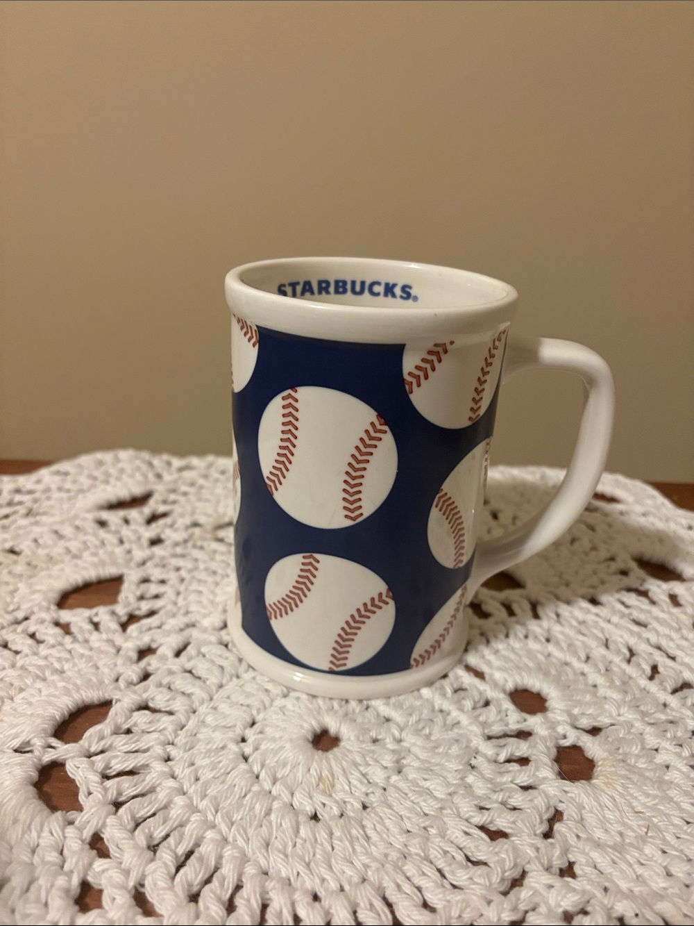 Starbucks Navy and White Baseball Dot Ceramic Mug 2007